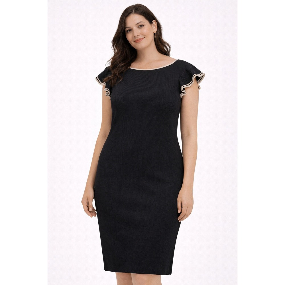 Lauren Ralph Lauren Black Ribbed Knit Flutter Sleeve Sheath Dress - Petite Large